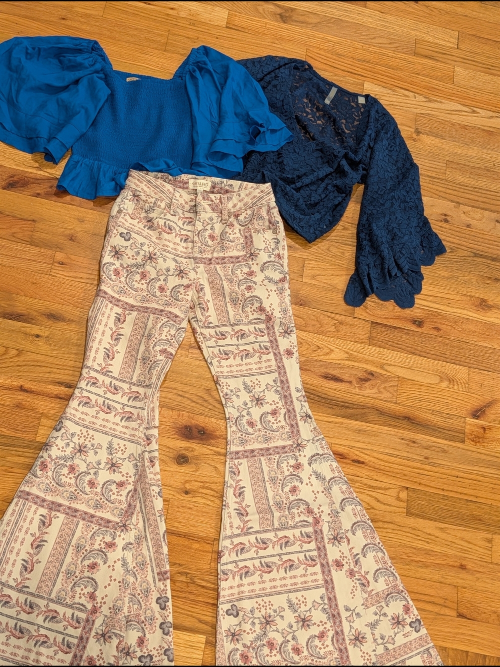 "Shyanne bundle" Cream Pants with Pink and Gray Paisley Trim And Two Blouses.
